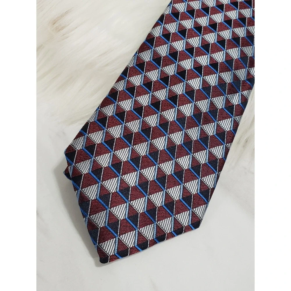 NEW‎ Perry Ellis Tie Blue Red maroon navy abstract geometric shapes prep dark
